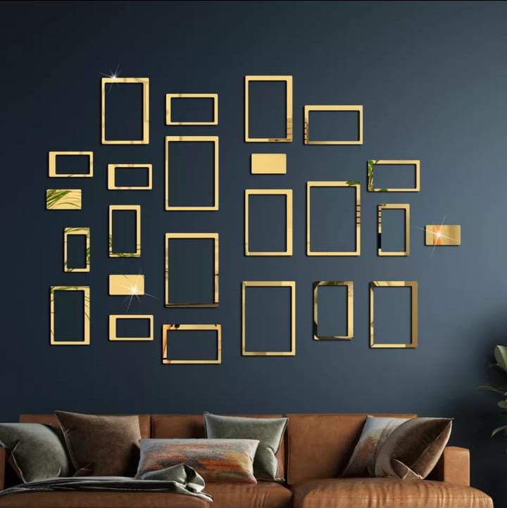 Acrylic Mirror Wall Decorations | Square Shape Elegant Stickers & Decals For Home & Office (8x6 Inches) | 24 Pcs | Golden