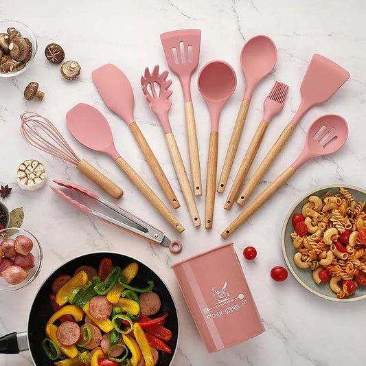 12 Pcs Silicone Cooking Utensils Kitchen Utensil Set | Heat Resistant Kitchen Non toxic Spatula Set with Turner Tongs,Spoon,Brush,Whisk-Wooden Handle - Random Color
