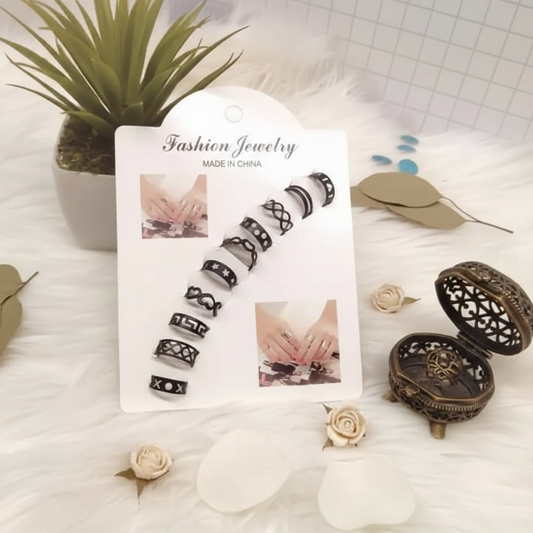 10 Pcs Adjustable Alloy Rings Set for Women & Girls – Stackable Fashion Jewelry Collection ~ Black