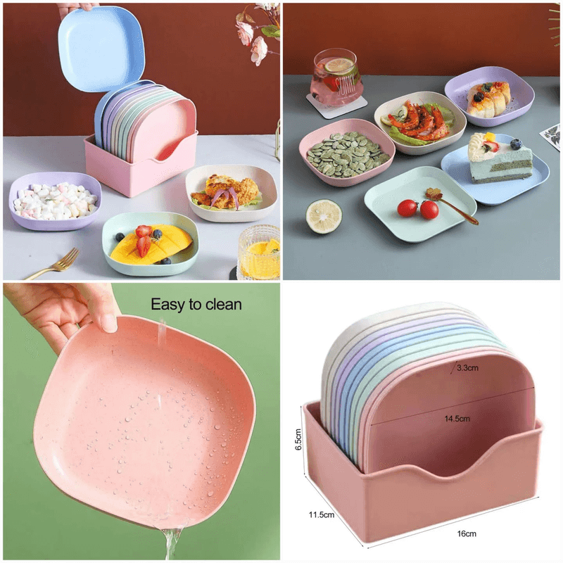 Plate Set Pack of 10 – Plastic Split Bone Dish Plates with Holder (Random Colors)