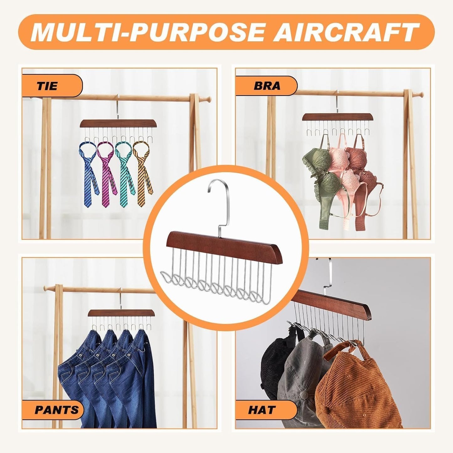 8 Hooks Multi-function Wooden Caps, Belts, Tie Hanger – Strong No Trace Storage Rack(Random Colour)
