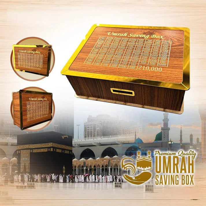 Wooden Umrah Saving Box | Premium Money Box with 210,000 Goal Tracker | Elegant Islamic Design for Charity, Donations & Umrah Fund