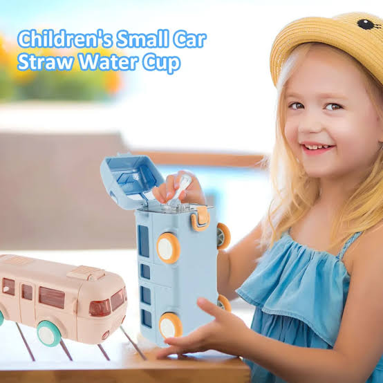 Imported 600ml Bus Water Bottle | Kids Cute Bus Shape | Strap, Sipper & Straw | Leakproof BPA Free (Random Colour)