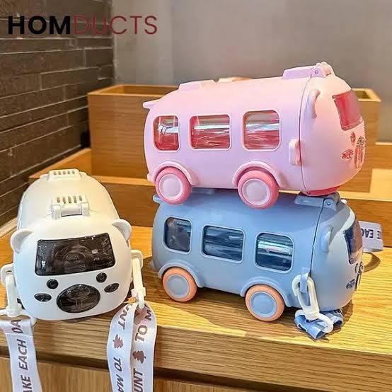 Imported 600ml Bus Water Bottle | Kids Cute Bus Shape | Strap, Sipper & Straw | Leakproof BPA Free (Random Colour)