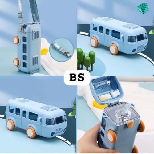 Imported 600ml Bus Water Bottle | Kids Cute Bus Shape | Strap, Sipper & Straw | Leakproof BPA Free (Random Colour)