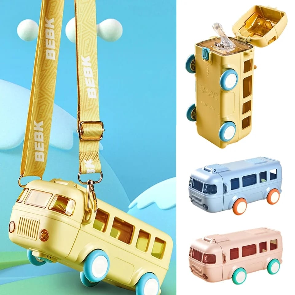Imported 600ml Bus Water Bottle | Kids Cute Bus Shape | Strap, Sipper & Straw | Leakproof BPA Free (Random Colour)