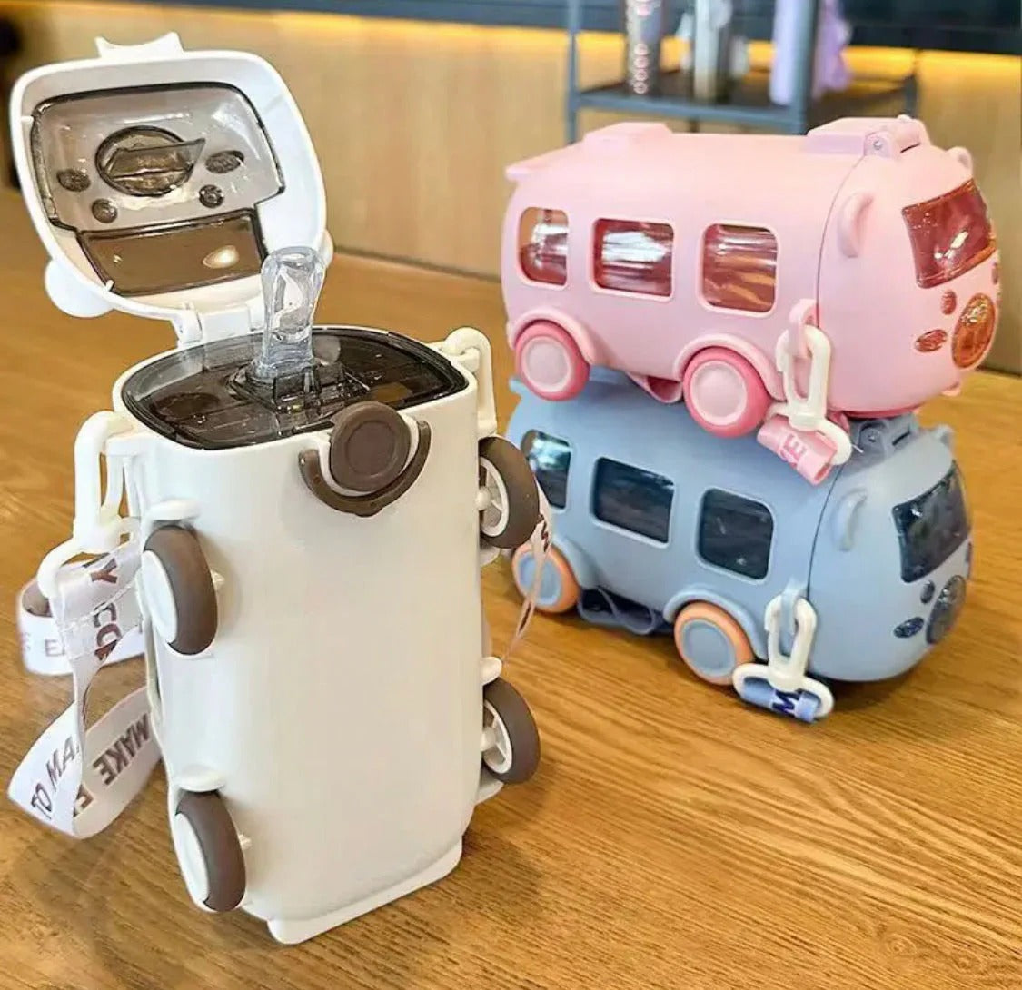 Imported 600ml Bus Water Bottle | Kids Cute Bus Shape | Strap, Sipper & Straw | Leakproof BPA Free (Random Colour)