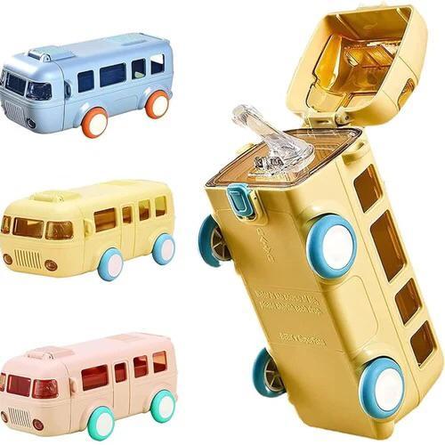 Imported 600ml Bus Water Bottle | Kids Cute Bus Shape | Strap, Sipper & Straw | Leakproof BPA Free (Random Colour)
